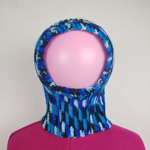 New Handmade Crochet Ribbed Balaclava Blue & Black Mask Hood Hats main image 4
